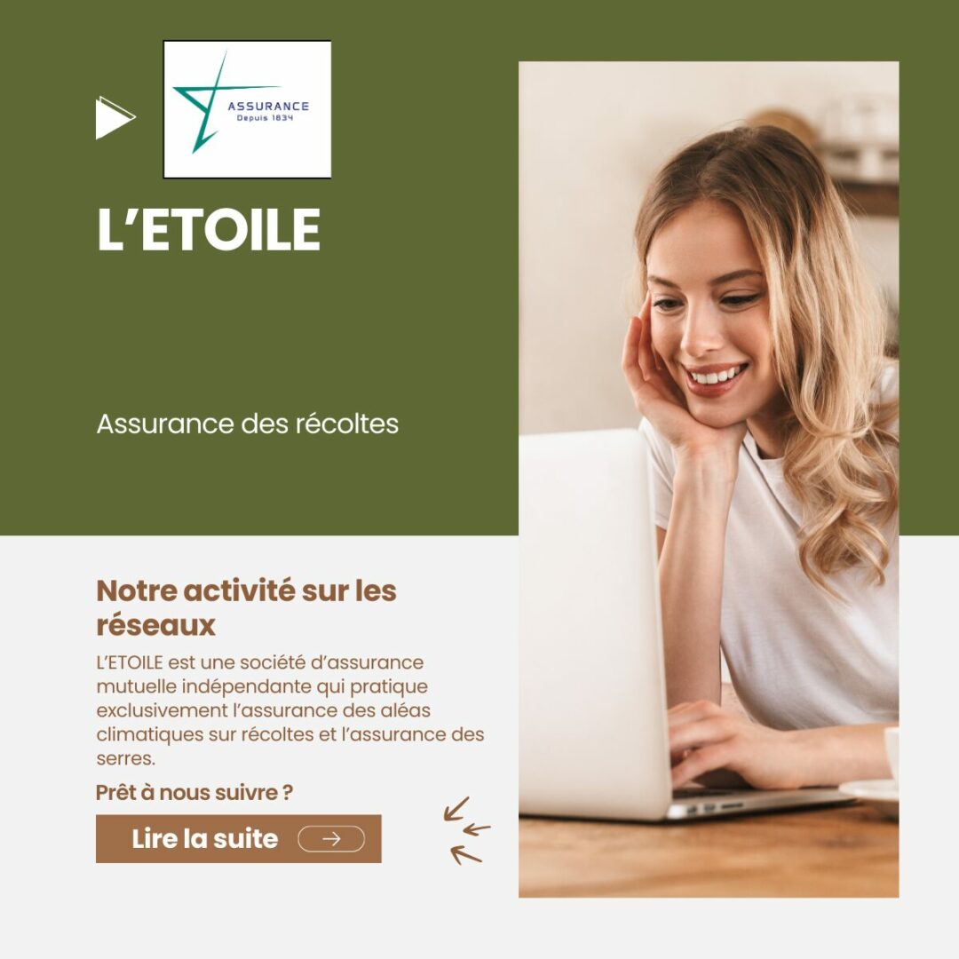 Femme souriante utilisant un ordinateur portable &agrave; c&ocirc;t&eacute; du texte de pr&eacute;sentation de L'&Eacute;toile Assurance des r&eacute;coltes